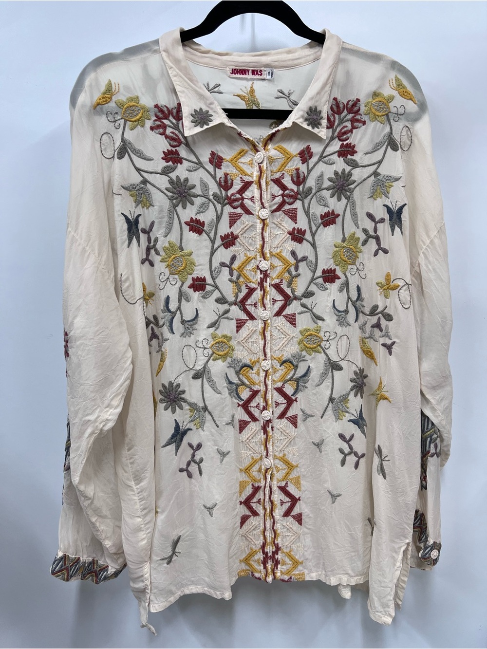 Johnny Was Cream Blouse w/Multicolor Floral Embroidery XXL button up long sleeve